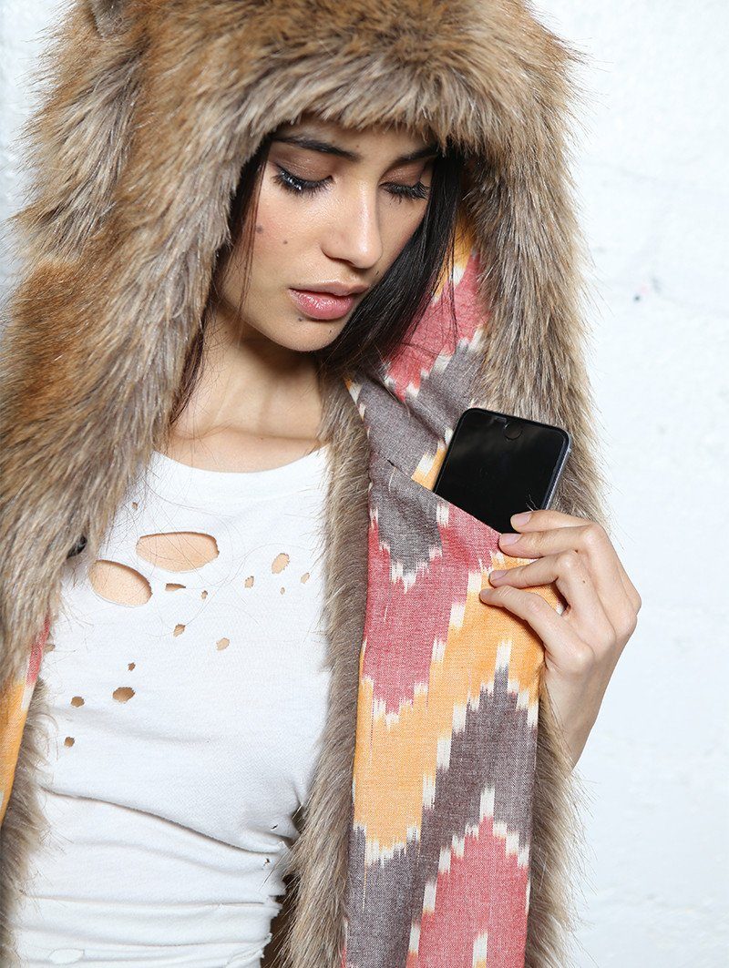 Woman wearing Coyote Sedona Faux Fur SpiritHood, front view 4