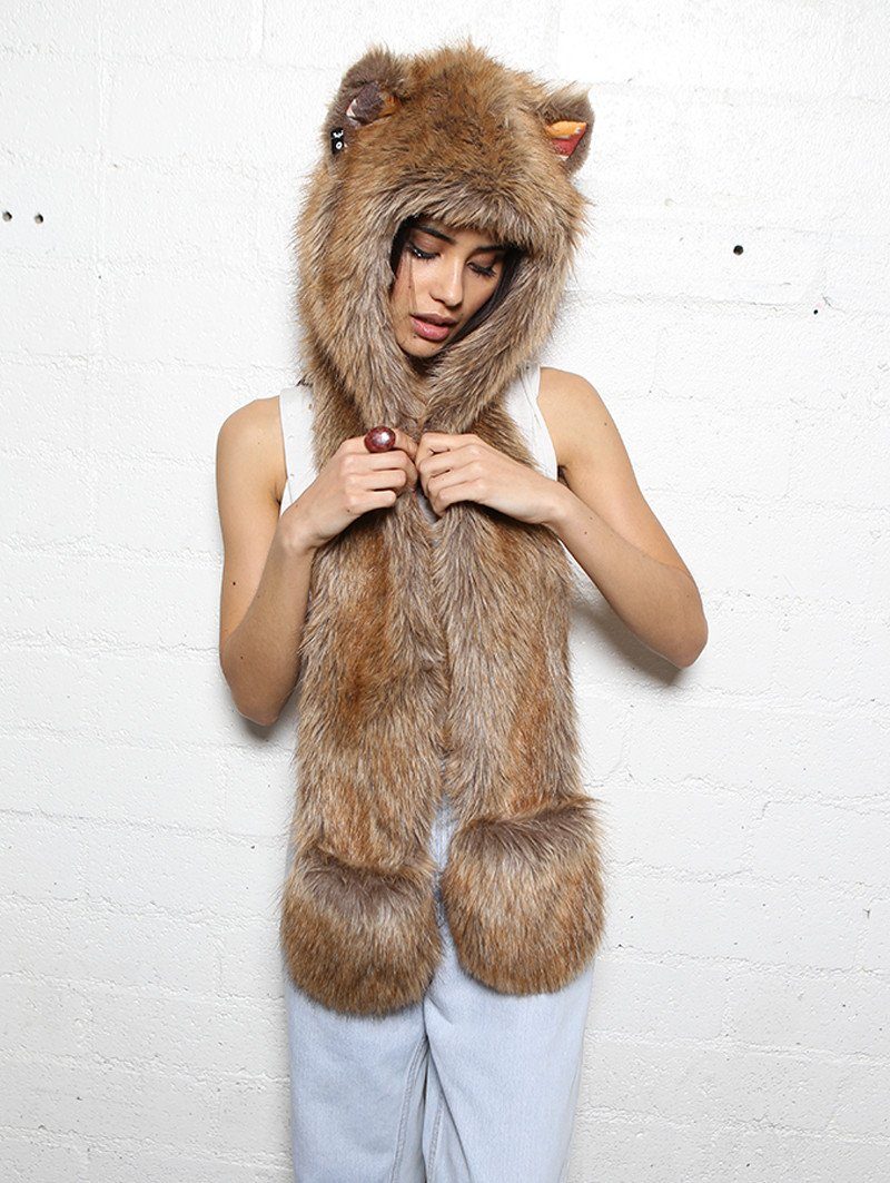 Woman wearing Coyote Sedona Faux Fur SpiritHood, front view 3