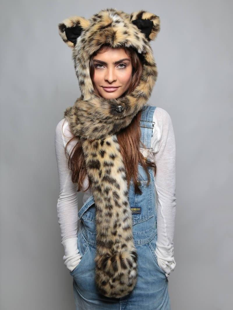Woman wearing faux fur Cheetah SpiritHood, front view