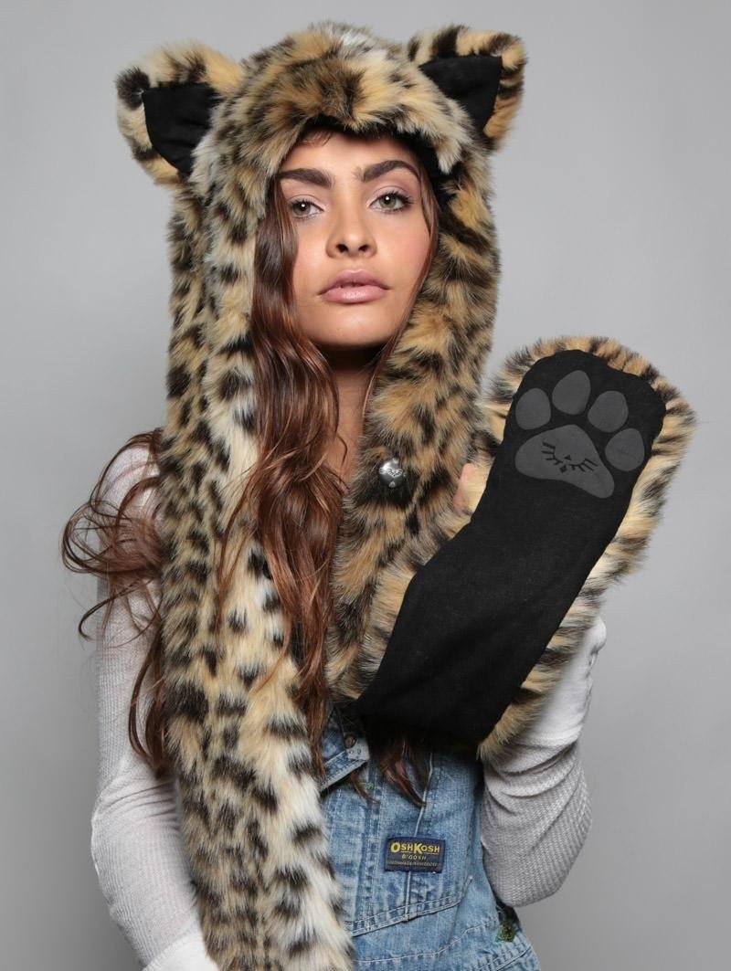 Woman wearing faux fur Cheetah SpiritHood, front view 1