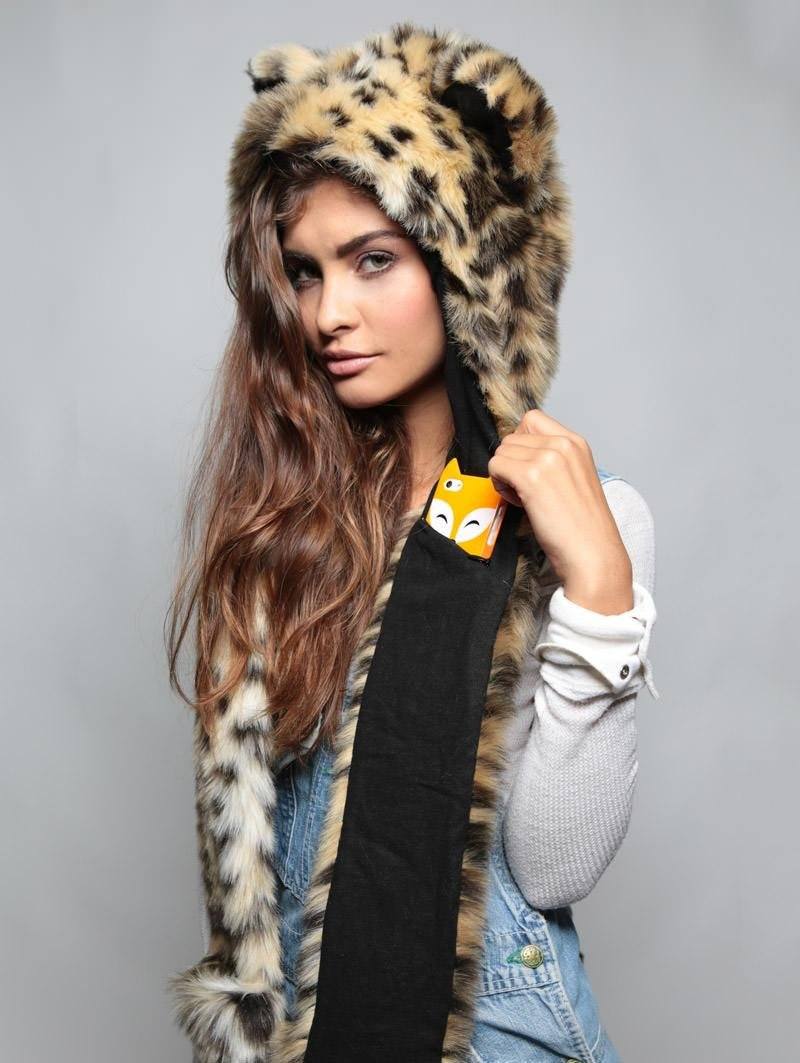 Woman wearing faux fur Cheetah SpiritHood, side view