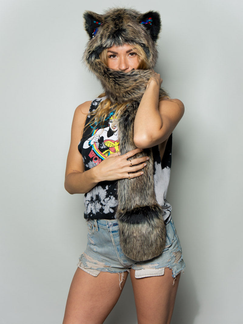 Woman wearing faux fur Direwolf CE SpiritHood, front view 3