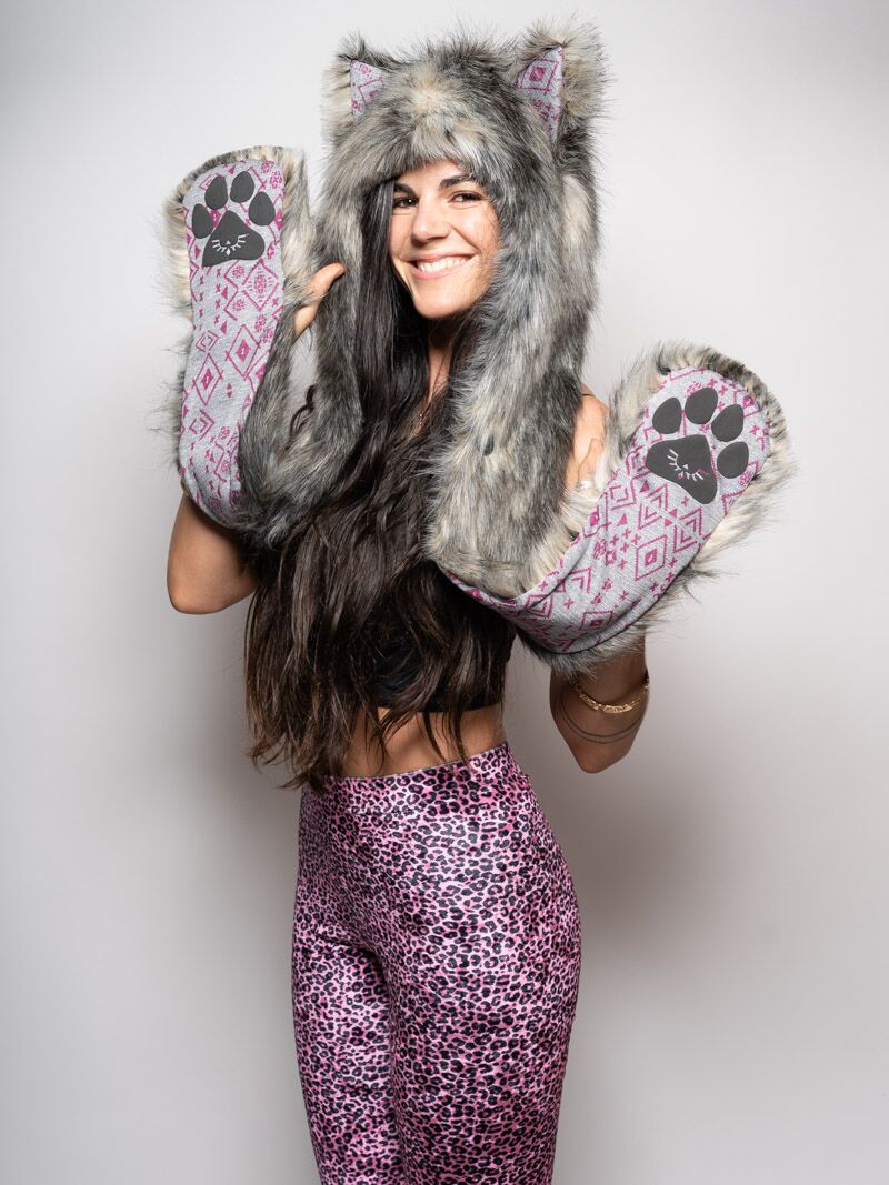 Woman wearing faux fur Collector Edition Eurasian Wolf SpiritHood