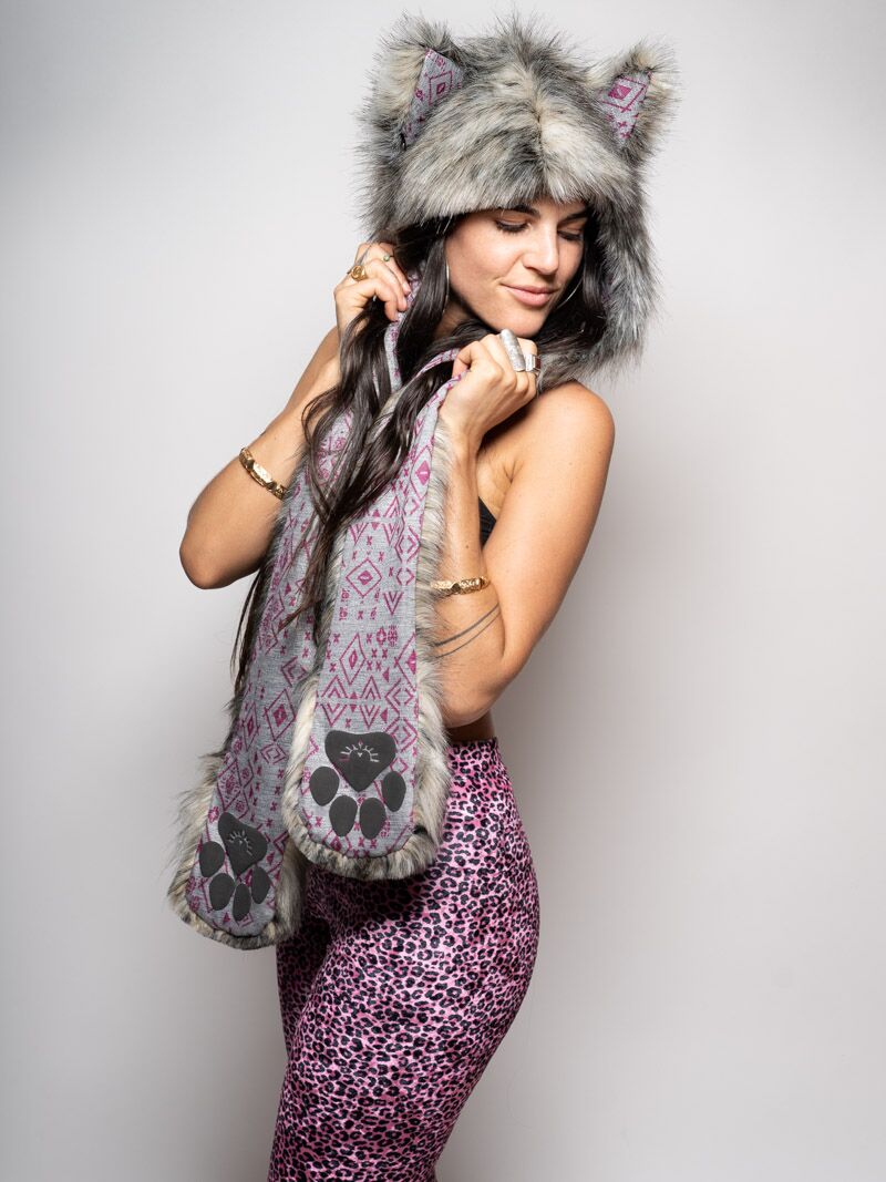 Woman wearing faux fur Collector Edition Eurasian Wolf SpiritHood, side view