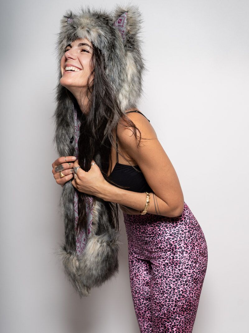 Woman wearing faux fur Collector Edition Eurasian Wolf SpiritHood, side view 4