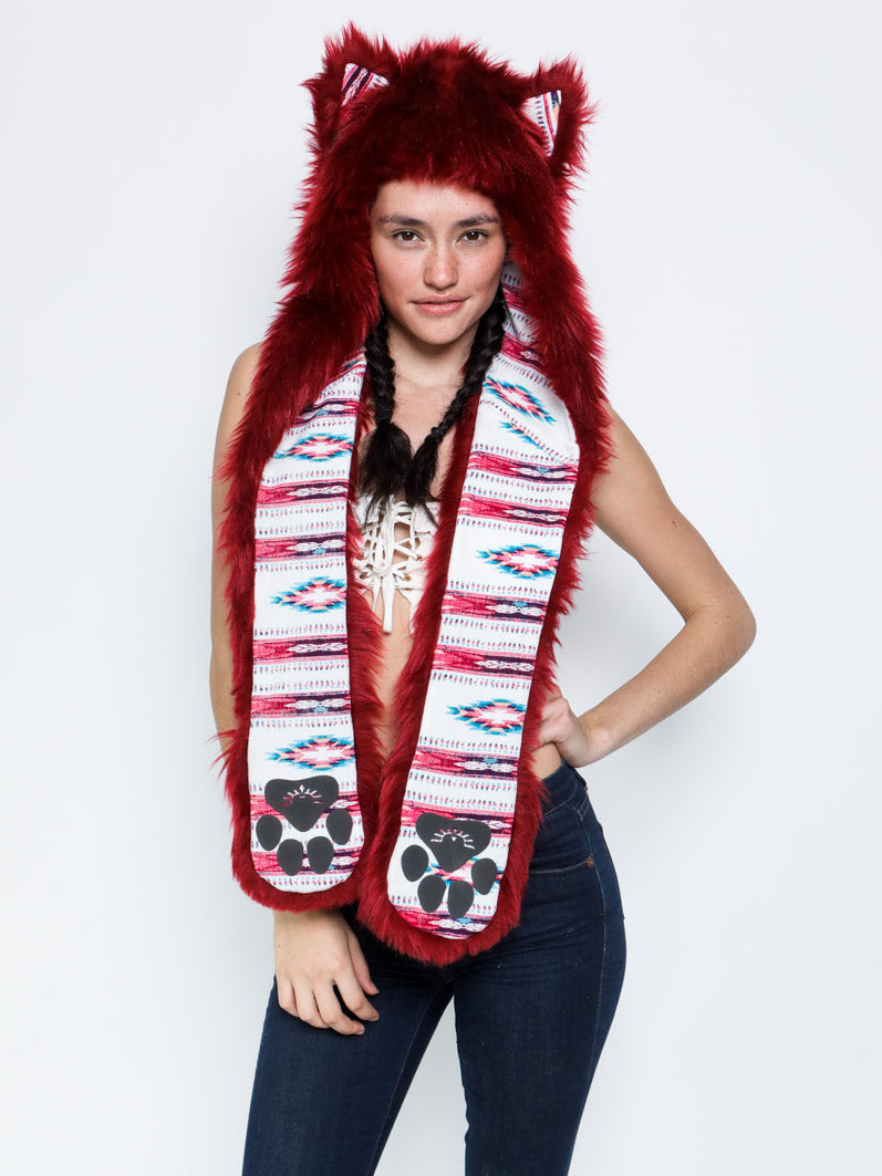 Woman wearing faux fur Fire Wolf CE SpiritHood, front view 1
