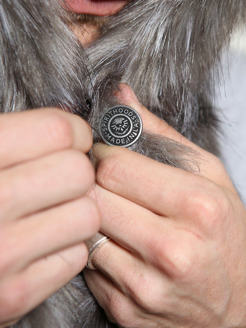 Man wearing faux fur Grey Fox OmbreMagic Collectors SpiritHood, front view 3