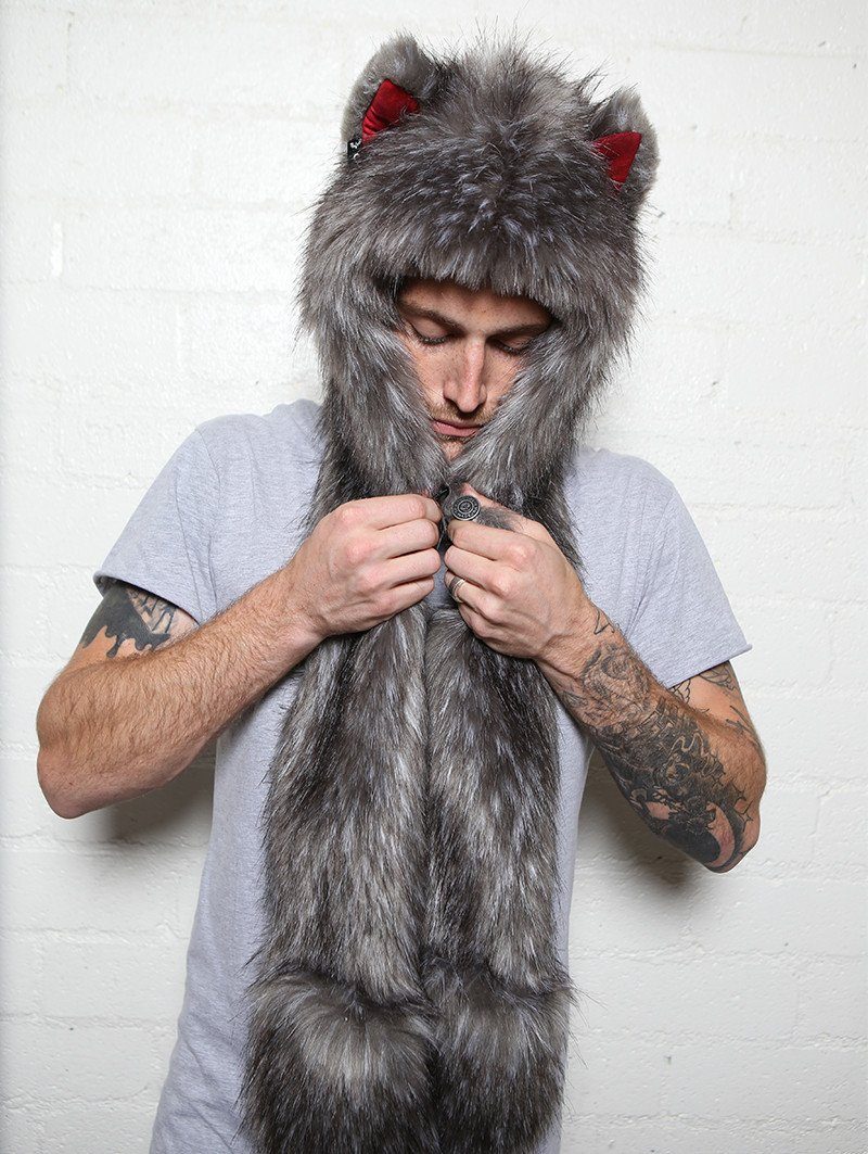Man wearing faux fur Grey Fox OmbreMagic Collectors SpiritHood, front view 2
