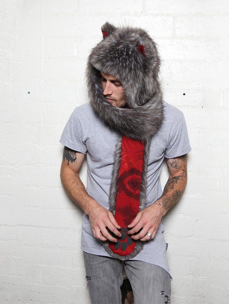 Man wearing faux fur Grey Fox OmbreMagic Collectors SpiritHood, side view