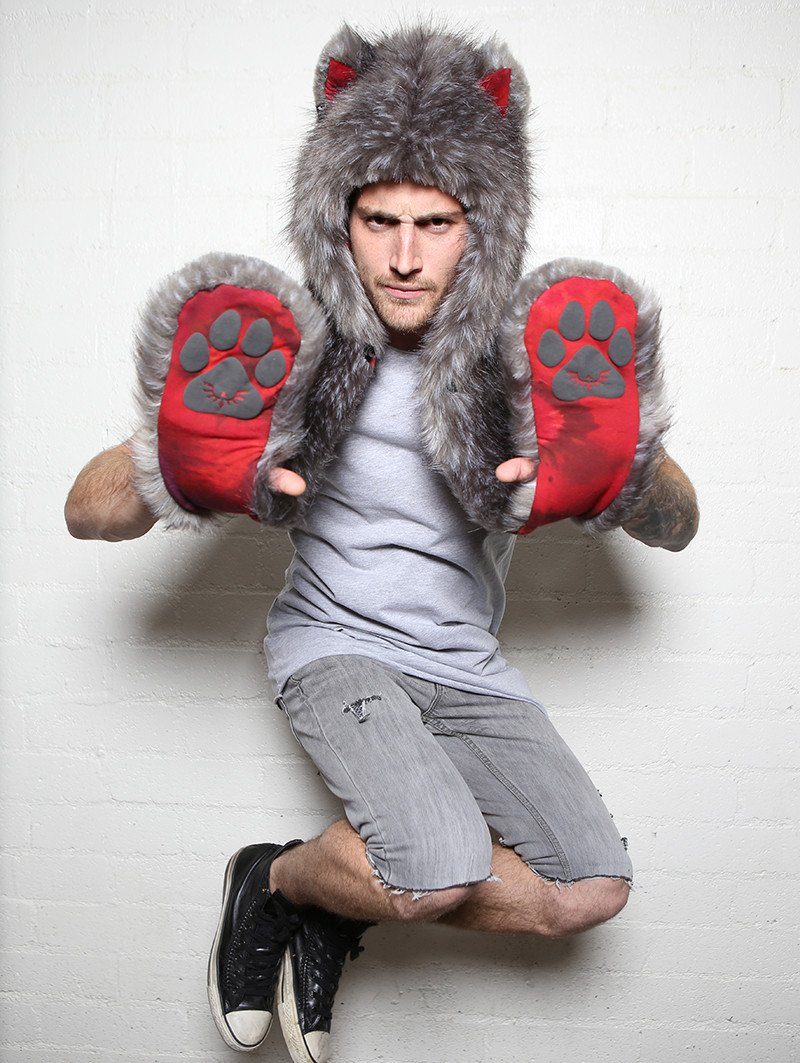 Man wearing faux fur Grey Fox OmbreMagic Collectors SpiritHood, front view 1
