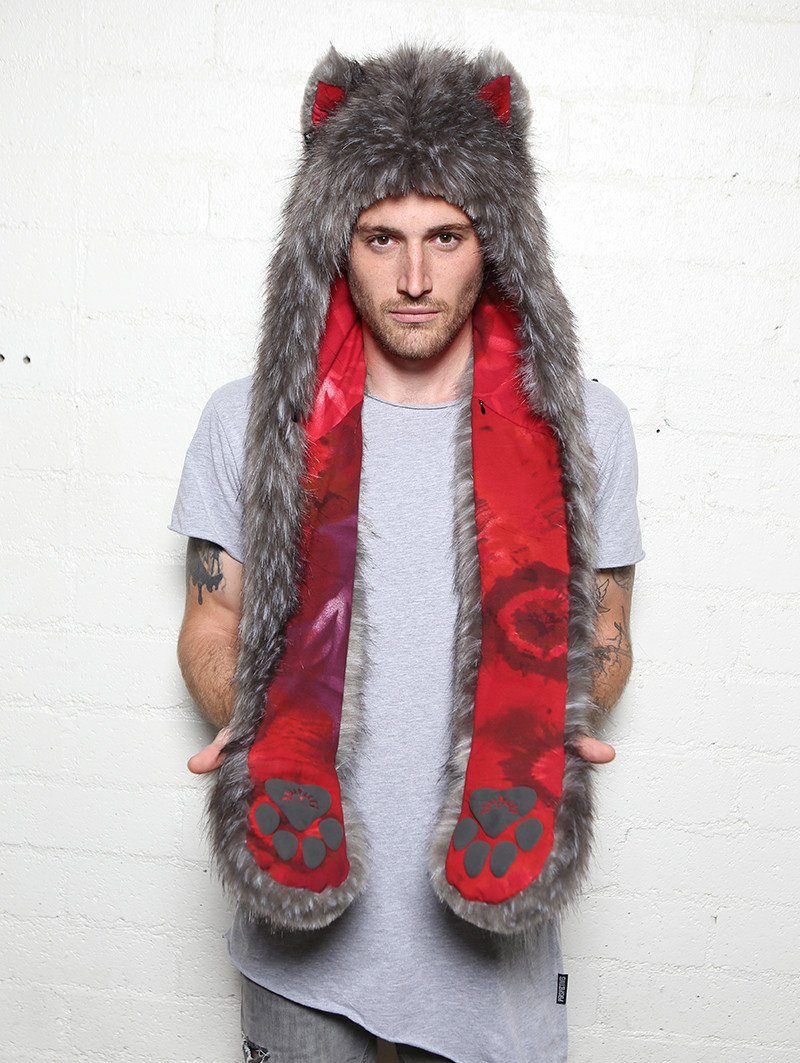 Man wearing faux fur Grey Fox OmbreMagic Collectors SpiritHood, front view 4