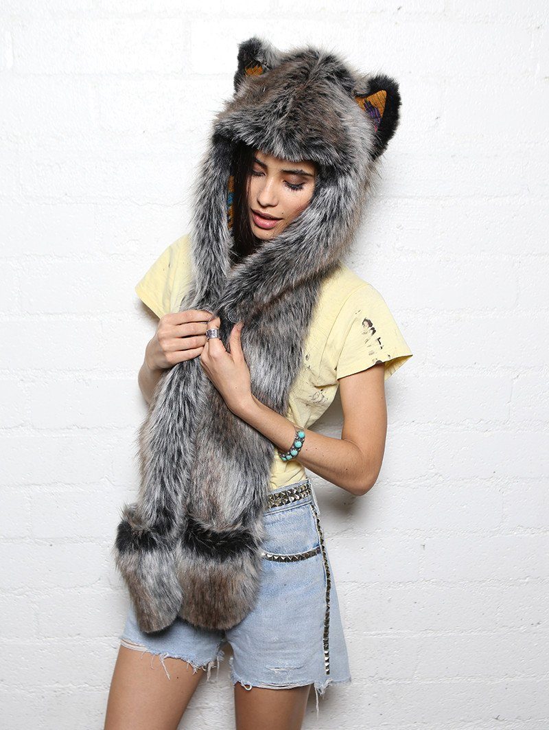 Grey Wolf Ikat Collectors Faux Fur with Hood on Female