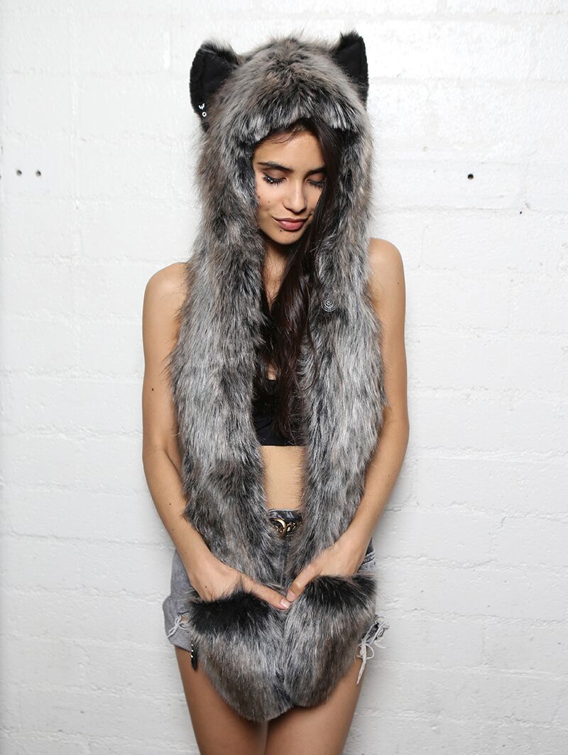 Woman in Faux Fur Grey Wolf Hood with Ears