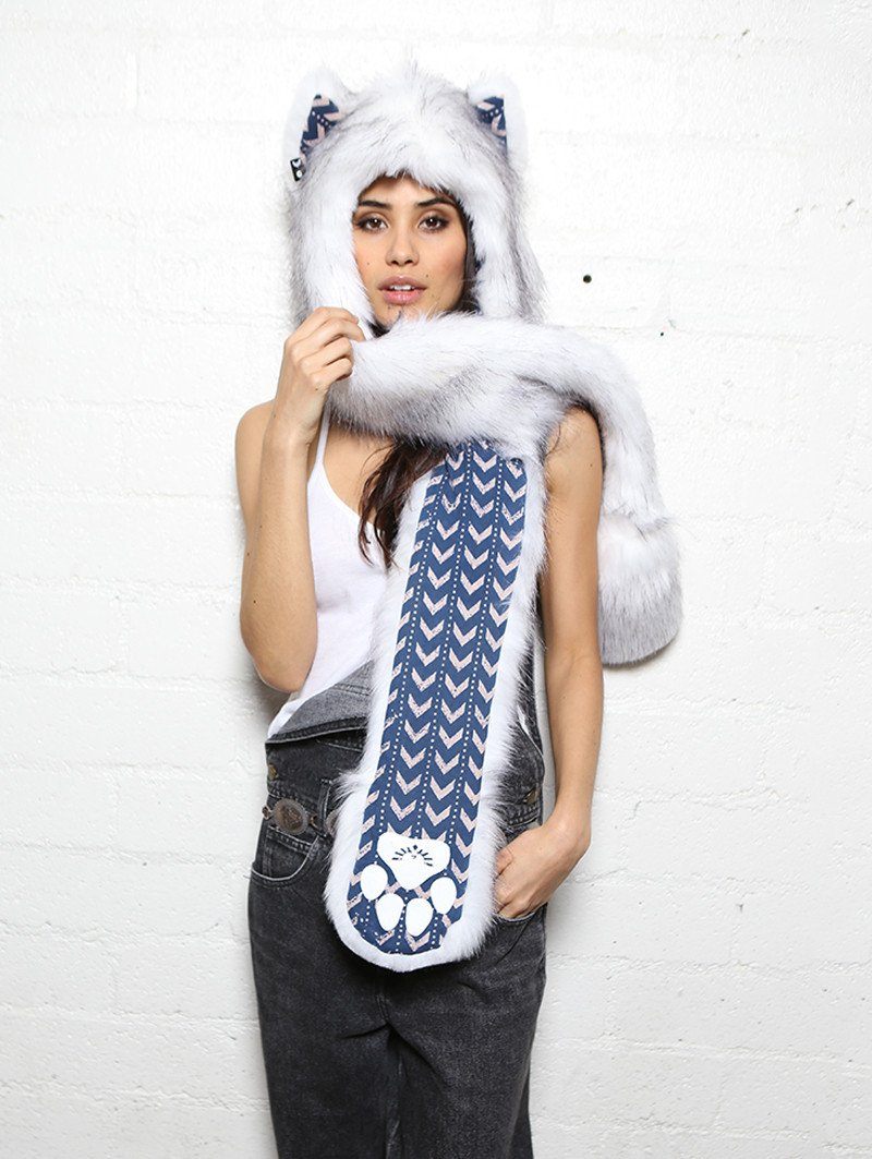 White Husky Arrows Faux Fur SpiritHood on Female