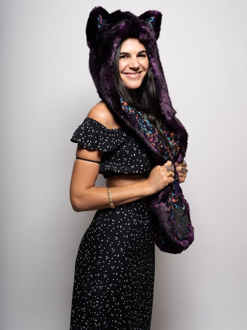 Woman wearing faux fur Collector Edition Midnight Wolf SpiritHood, side view 1