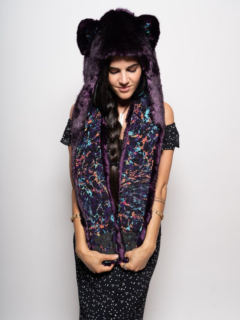 Woman wearing faux fur Collector Edition Midnight Wolf SpiritHood, front view