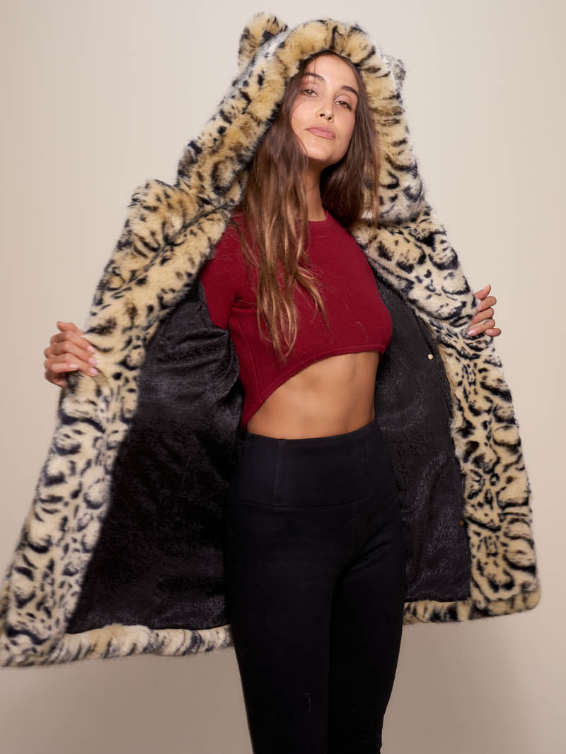 Woman wearing Classic Ocelot Luxe Faux Fur SpiritHood Coat, front view 2