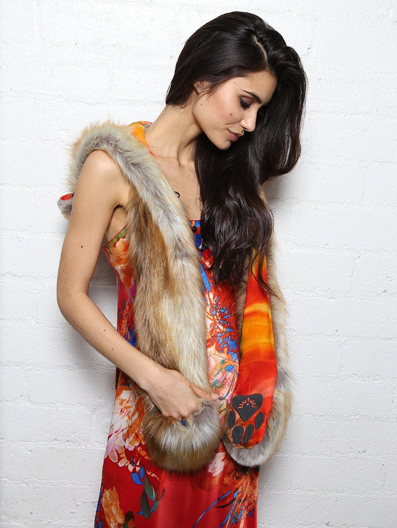 Woman wearing faux fur Sun Kissed Red Fox Collector SpiritHood, side view