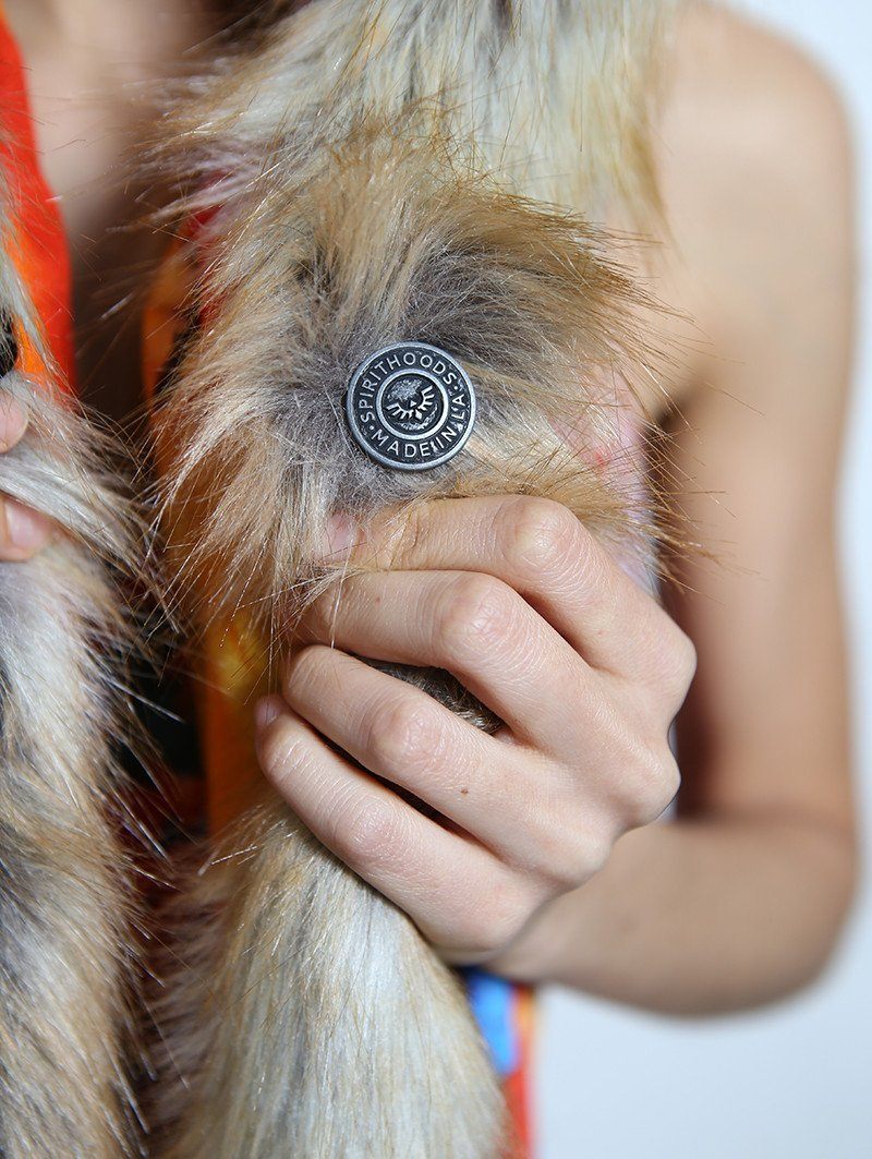 Woman wearing faux fur Sun Kissed Red Fox Collector SpiritHood, front view 2