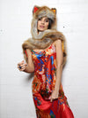Woman wearing faux fur Sun Kissed Red Fox Collector SpiritHood, front view 1