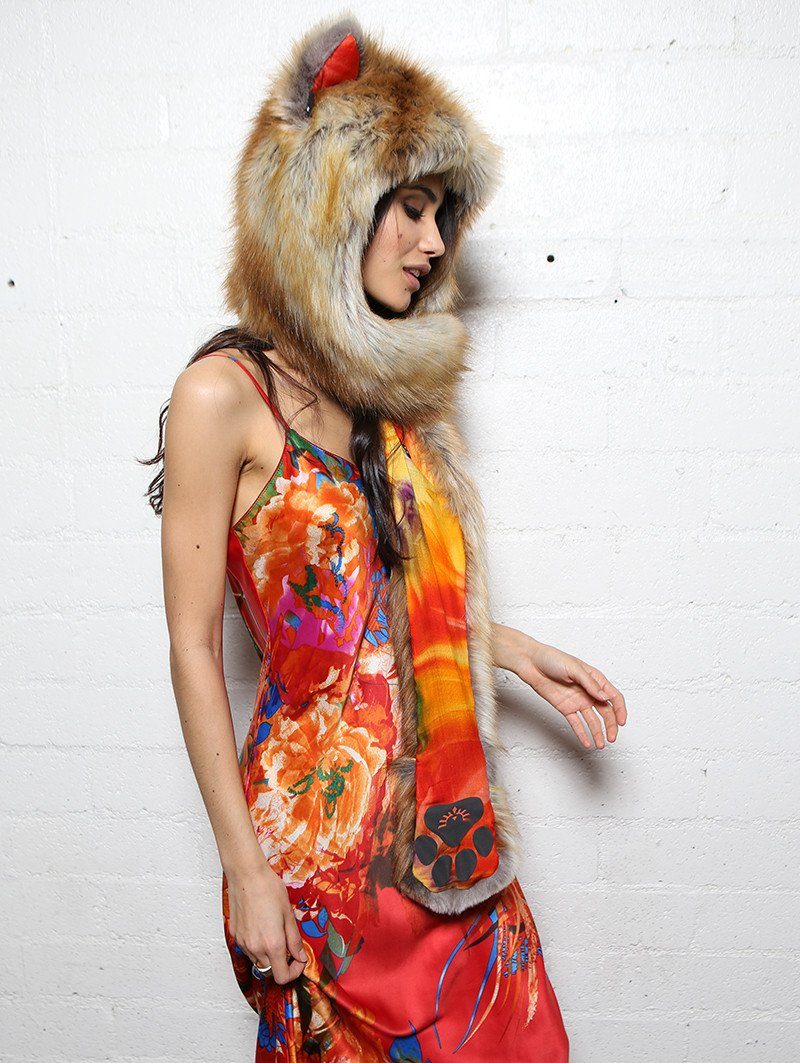 Woman wearing faux fur Sun Kissed Red Fox Collector SpiritHood, side view 3