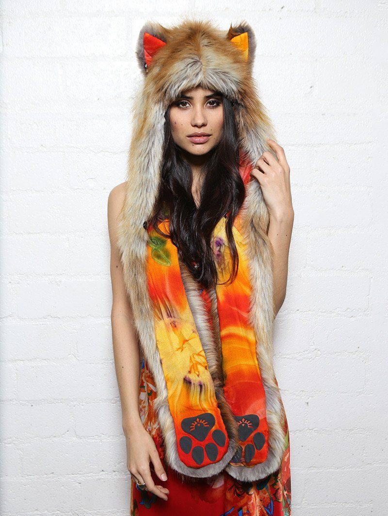 Woman wearing faux fur Sun Kissed Red Fox Collector SpiritHood, front view