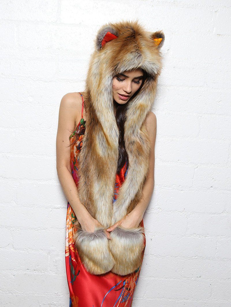 Woman wearing faux fur Sun Kissed Red Fox Collector SpiritHood, side view 2