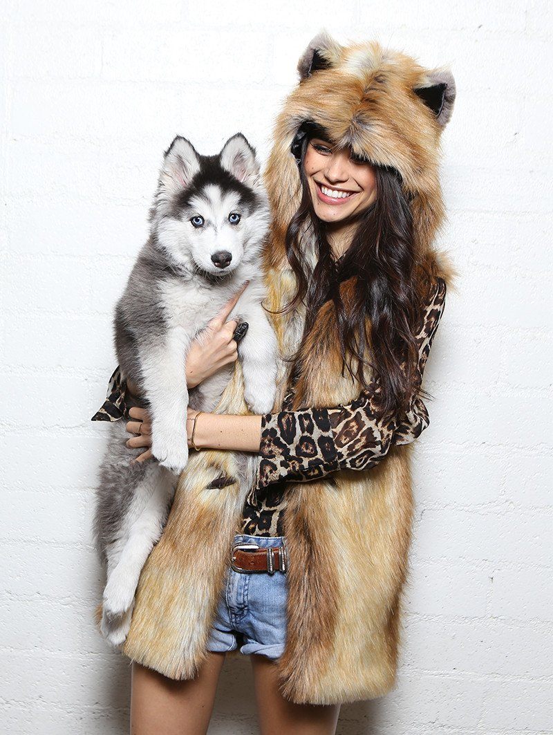 Red Fox Vest on Woman Holding Puppy