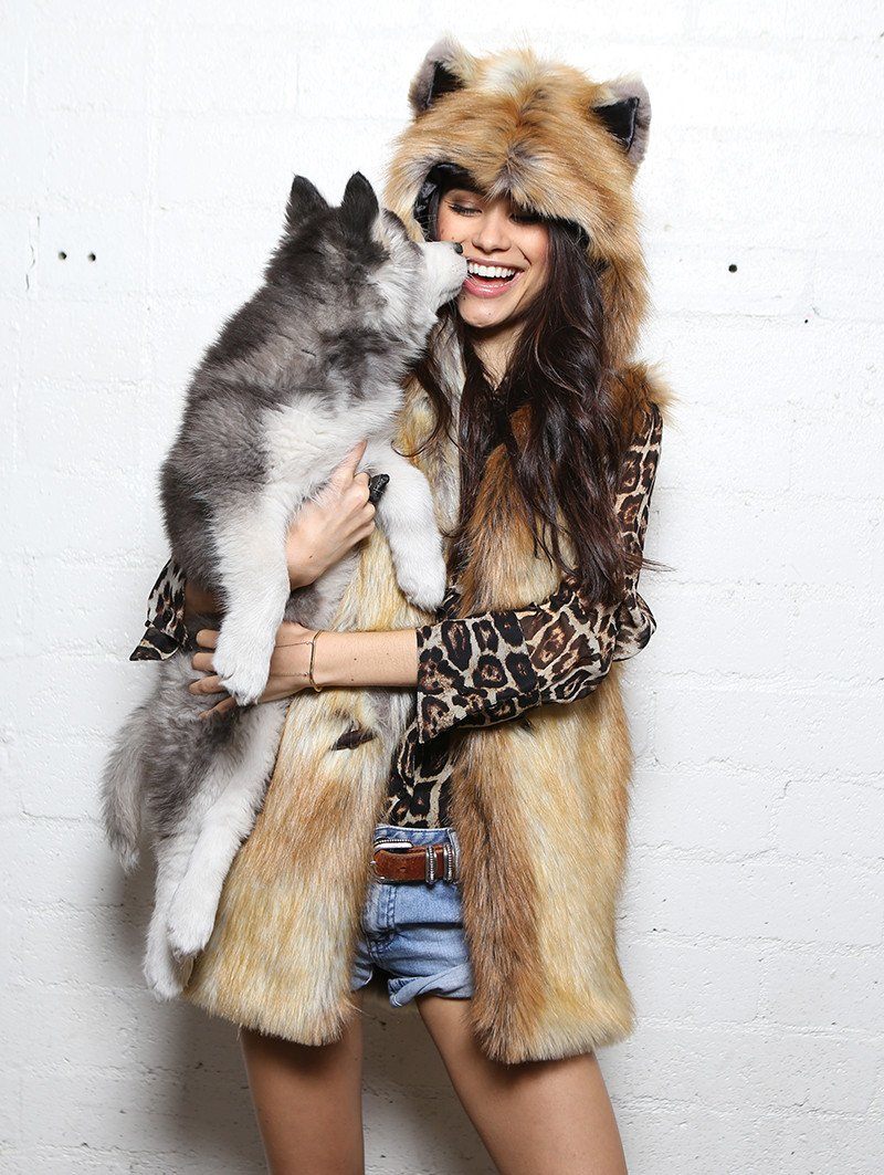 Hooded Faux Fur Red Fox Vest on Woman