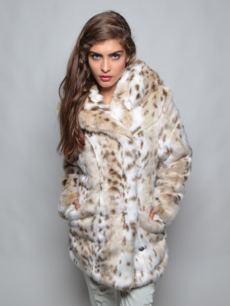 Female Wearing Classic Siberian Snow Leopard Faux Fur Coat 