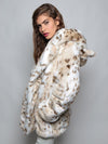 Classic Siberian Snow Leopard Faux Fur Coat with Hood on Female
