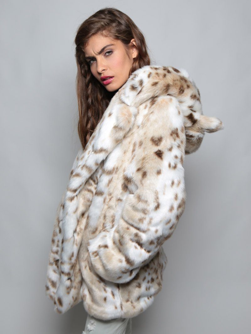 Classic Siberian Snow Leopard Faux Fur Coat with Hood on Female