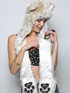 Exterior and Interior View of Snow Leopard Faux Fur SpiritHood 