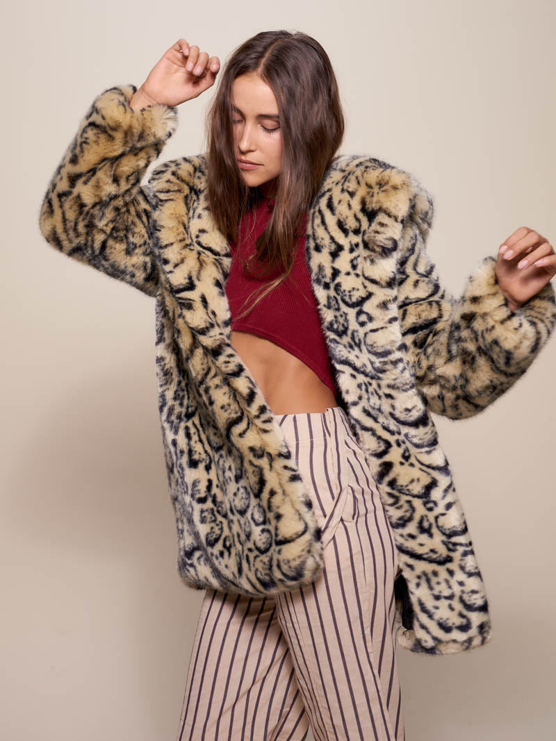 Woman wearing Classic Ocelot Luxe Faux Fur SpiritHood Coat, front view 3