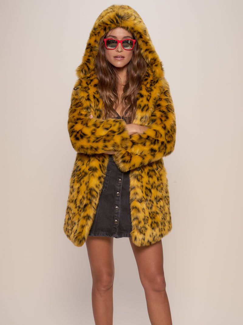 Yellow Cheetah Faux Fur Coat with Hood on Female Model