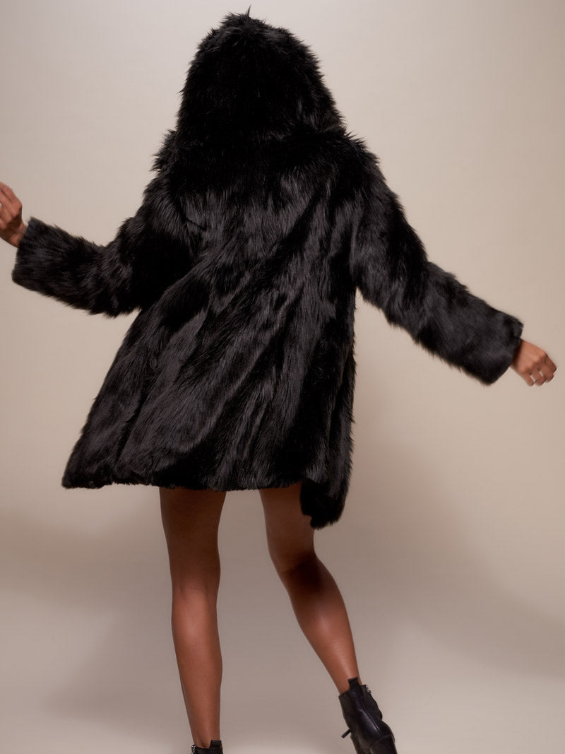 Back View of Woman Wearing Black Wolf Faux Fur Coat with Hood