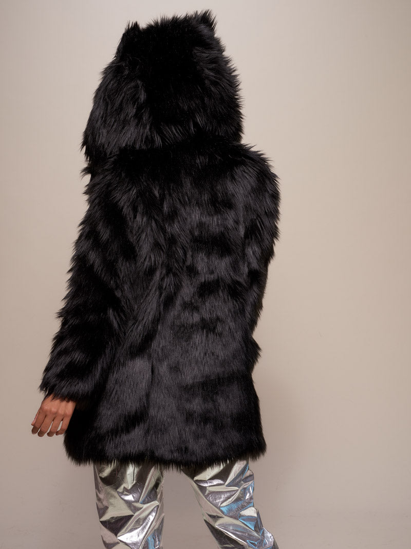 Woman wearing Black Wolf Classic Faux Fur Coat, back view