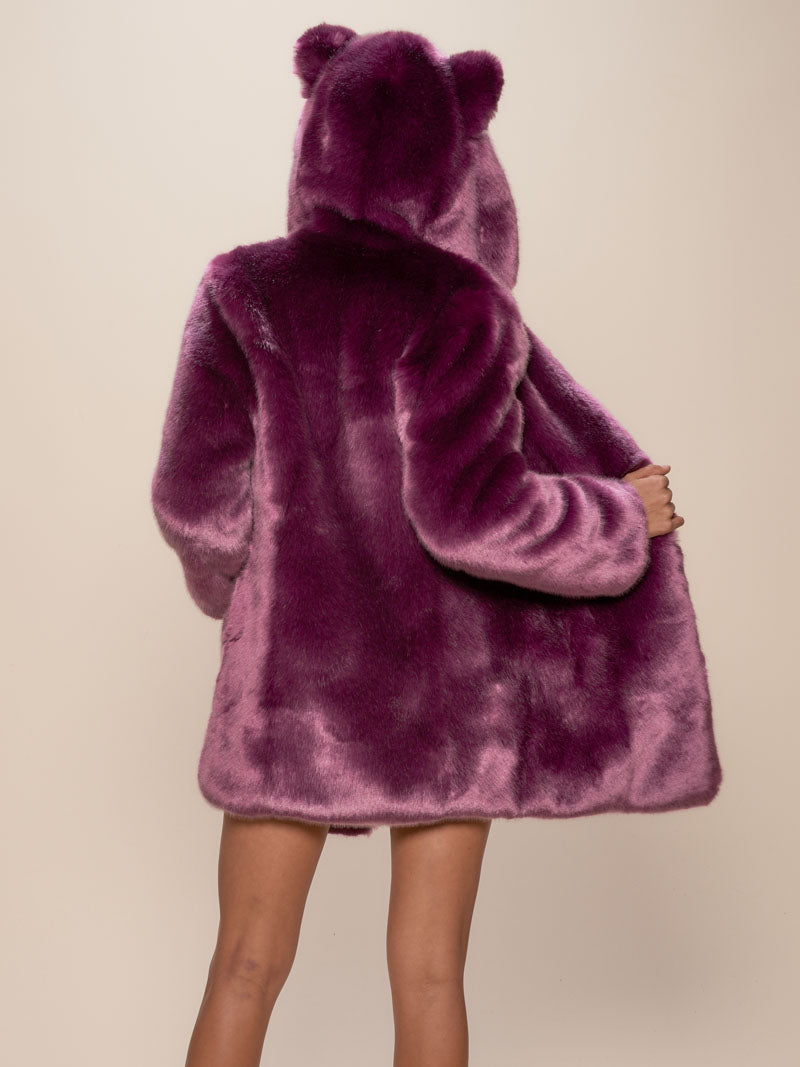 Woman wearing Lavender Wolf Luxe Classic Faux Fur Coat, back view