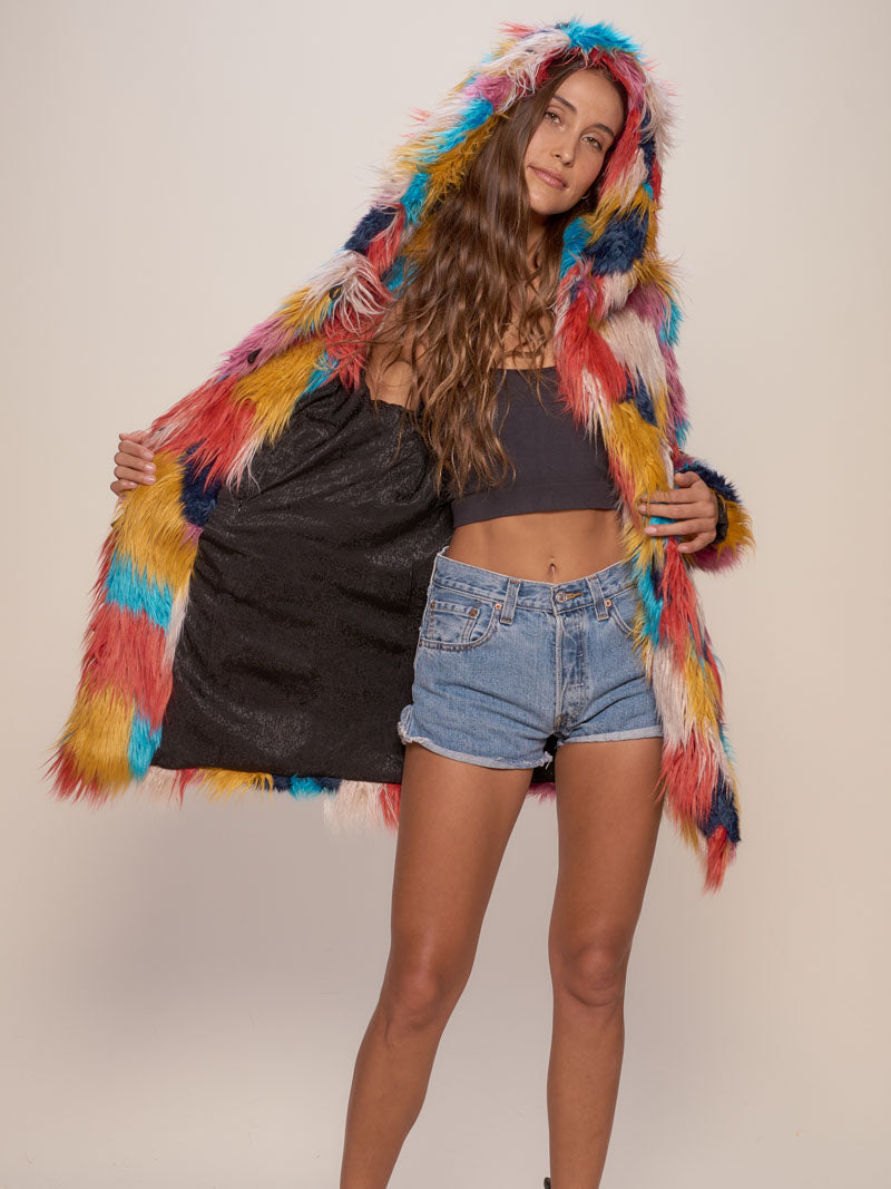 Exterior and Interior View of Colorful Hooded Faux Fur Coat