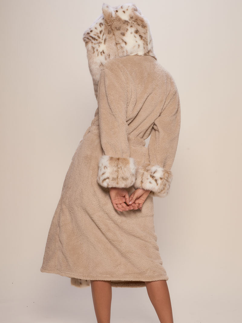 Woman wearing Snow Leopard Classic Faux Fur Robe, back view