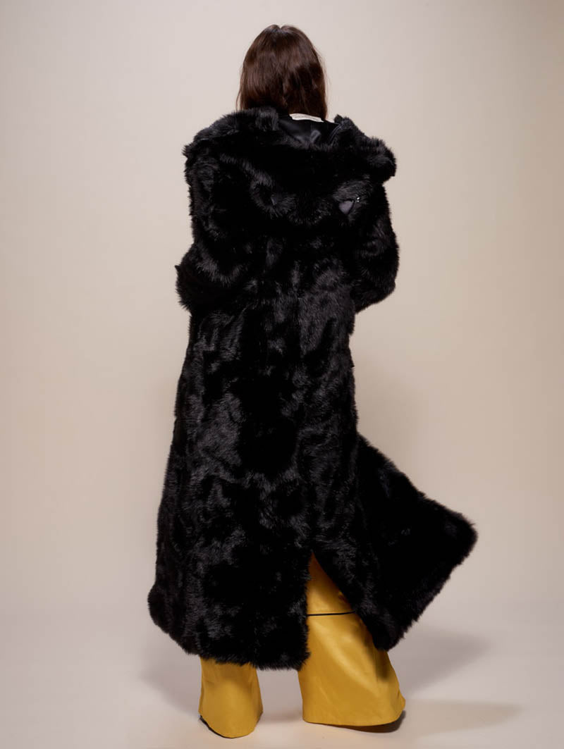 Woman wearing Classic Black Wolf Faux Fur Long Coat, back view
