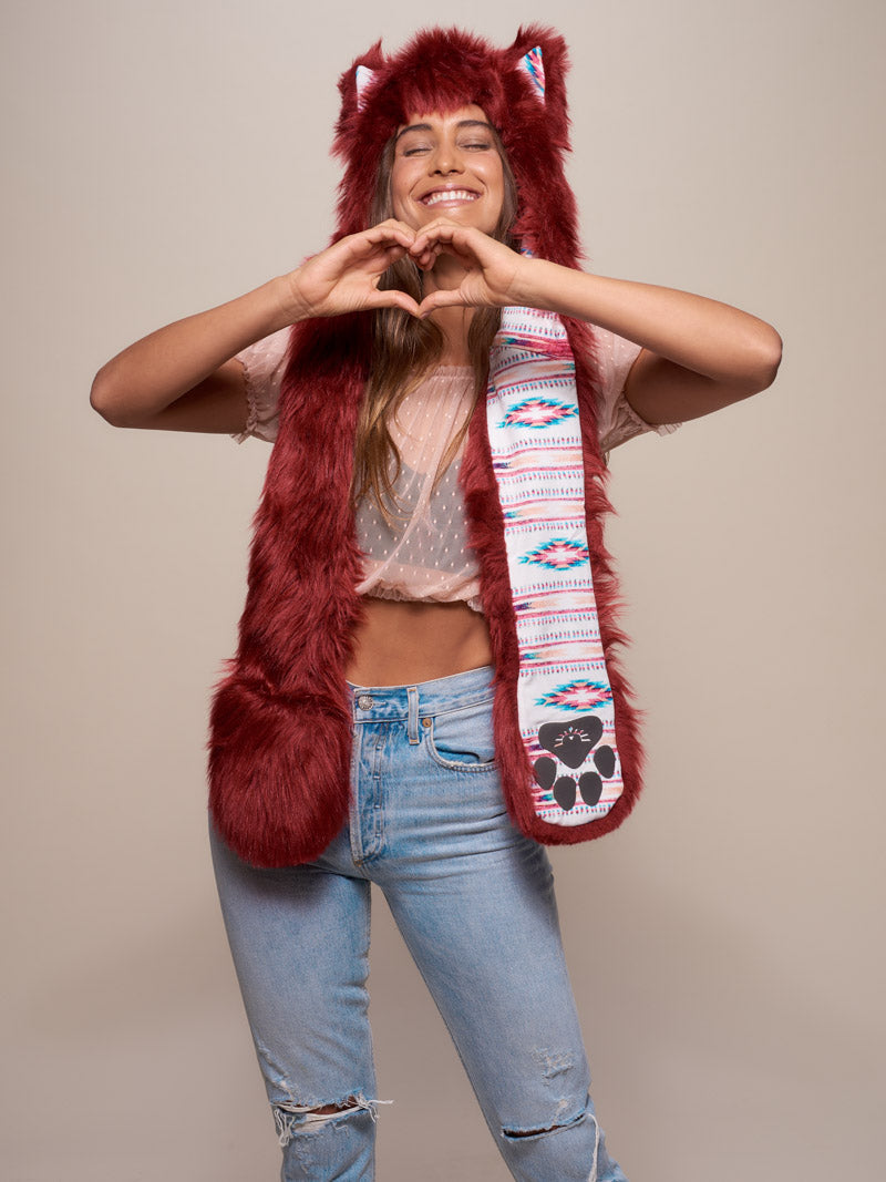 Woman wearing faux fur Fire Wolf CE SpiritHood, front view