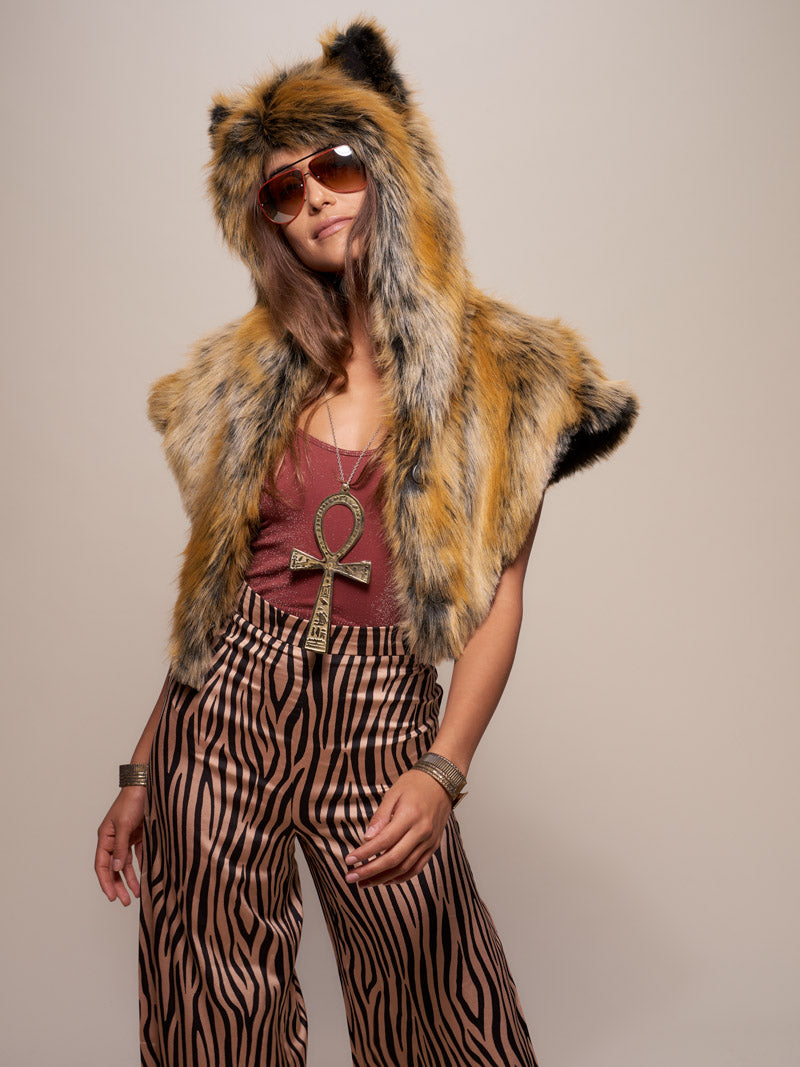 Red Wolf Faux Fur Shawl on Female Model