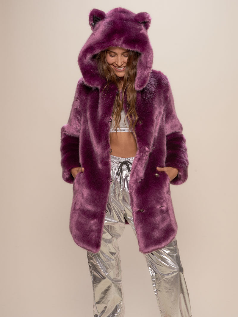 Woman wearing Lavender Wolf Luxe Classic Faux Fur Coat, front view 1