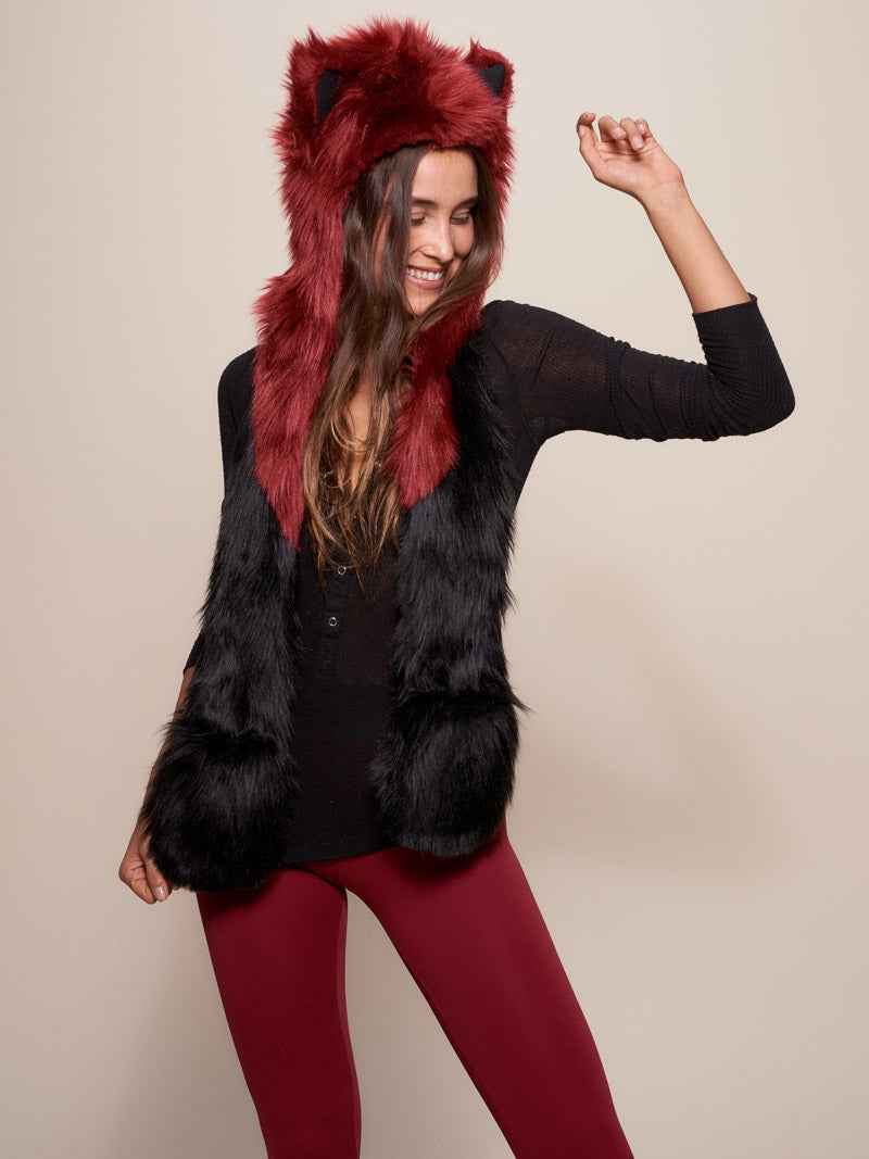 Woman wearing faux fur Fire Wolf 2.0 Collector Edition SpiritHood, side view