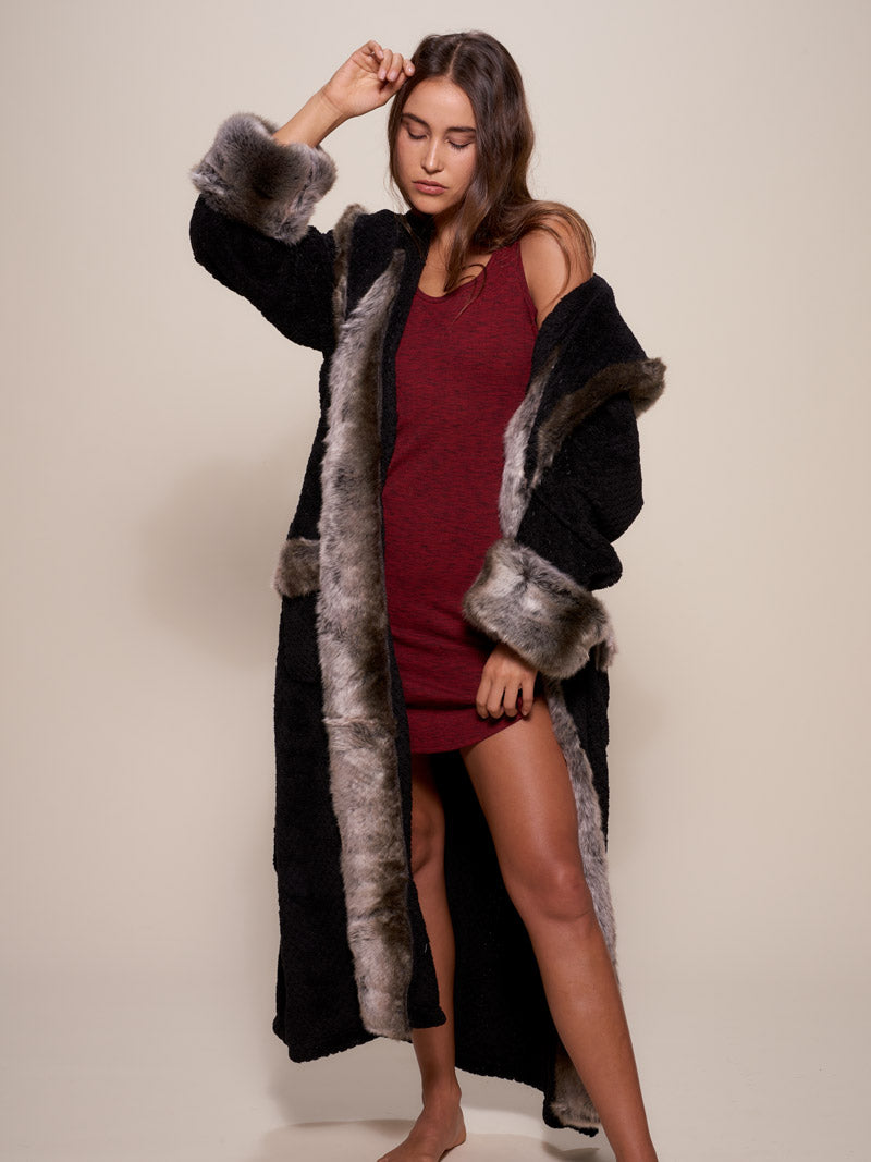 Woman Wearing Hooded Grey Wolf Faux Fur House Robe