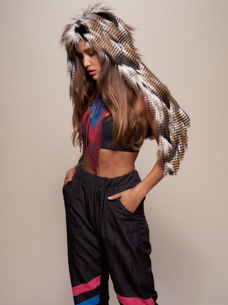 Woman wearing faux fur Falcon Shawl SpiritHood, side view 1