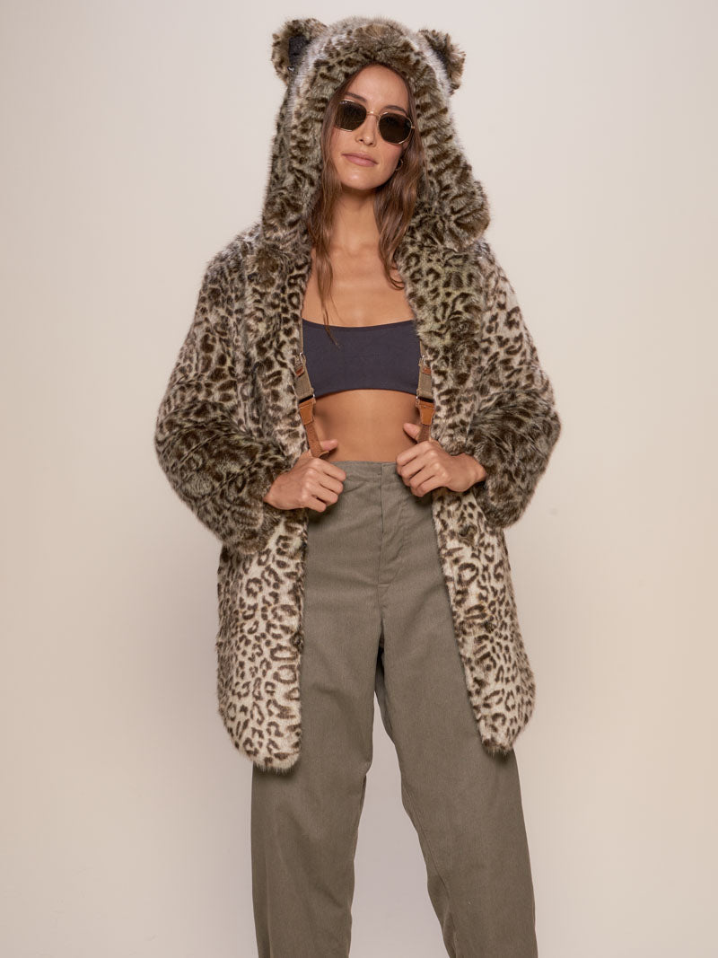 Woman wearing Forest Leopard Luxe Classic Faux Fur Coat, front view 1