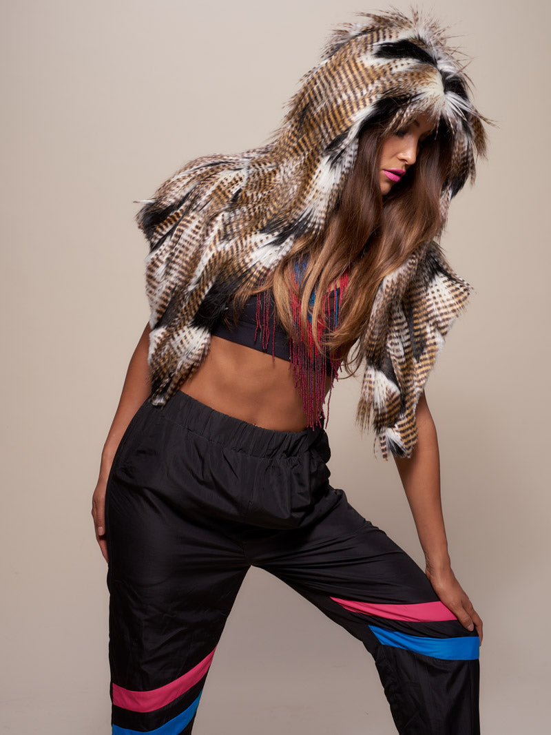 Woman wearing faux fur Falcon Shawl SpiritHood, side view