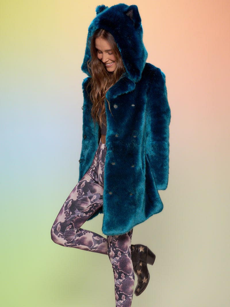 Woman wearing Royal Wolf Luxe Classic Faux Fur Coat, side view
